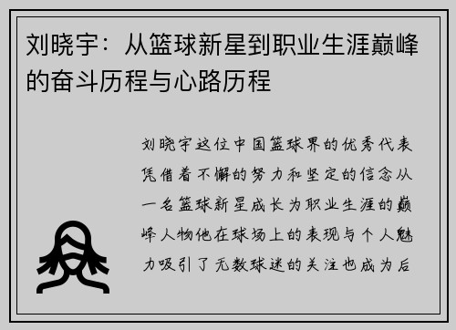 刘晓宇：从篮球新星到职业生涯巅峰的奋斗历程与心路历程