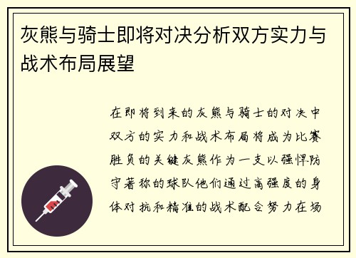 灰熊与骑士即将对决分析双方实力与战术布局展望