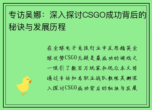 专访吴娜：深入探讨CSGO成功背后的秘诀与发展历程